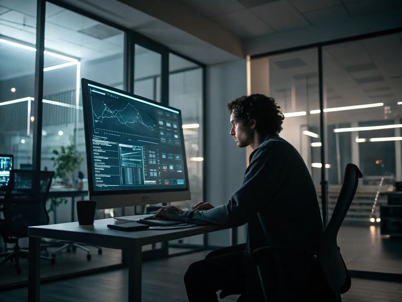 An image of a data scientist working on AI algorithms on multiple screens with complex data visualizations, representing DreamSight's AI Model Development service.