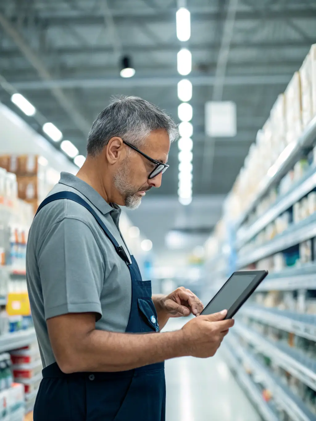 A retail manager using an AI-powered inventory management system, set in a modern retail store. The image should convey efficiency and customer satisfaction.