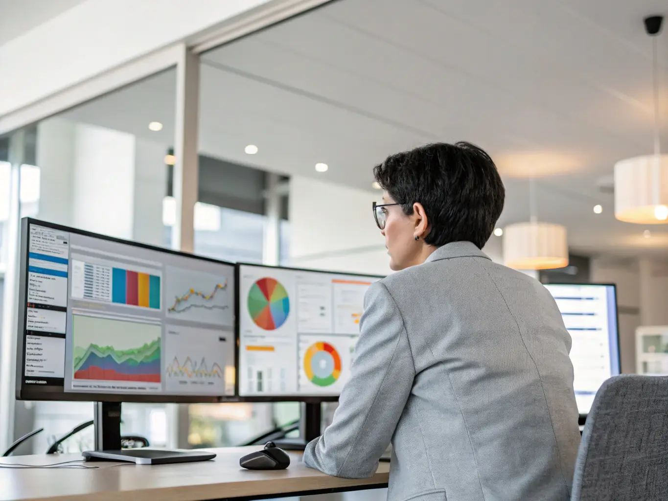 A professional in a suit is reviewing risk models on a computer screen in a modern office, representing DreamSight's financial industry solutions.