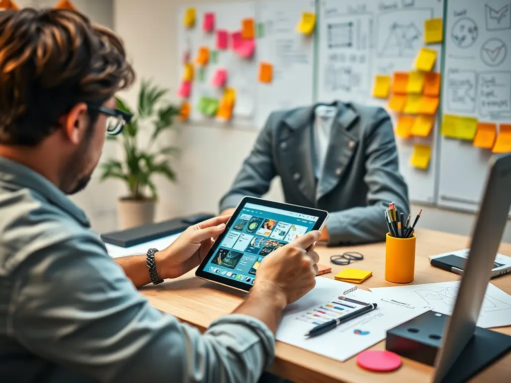 A developer working on a tablet with a prototype interface, surrounded by sketches and code snippets, showcasing DreamSight's Business Applications & Rapid Prototyping service.