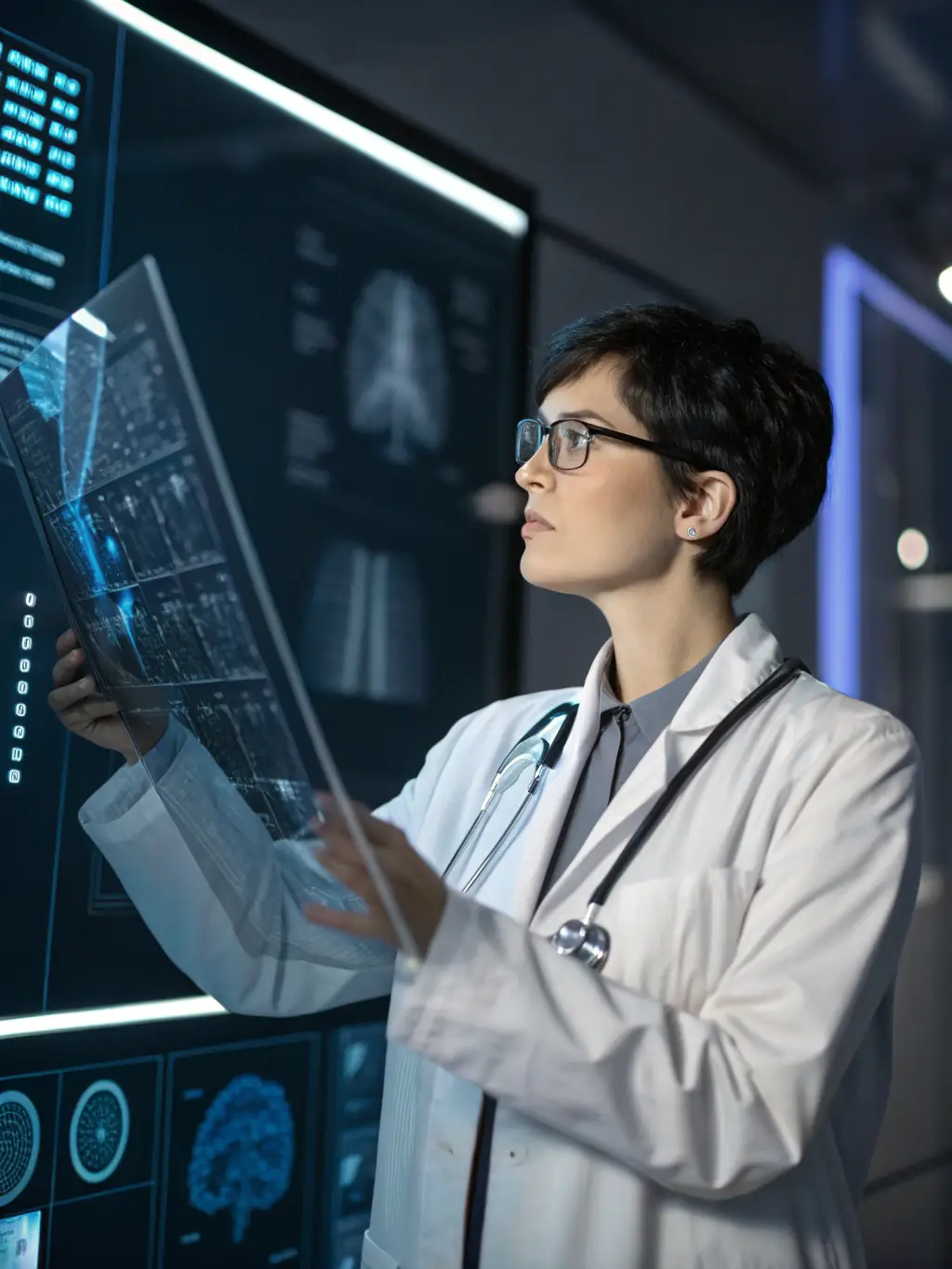 A doctor using an AI-powered diagnostic tool to analyze medical images, set in a clean and modern hospital environment. The image should convey accuracy and care.