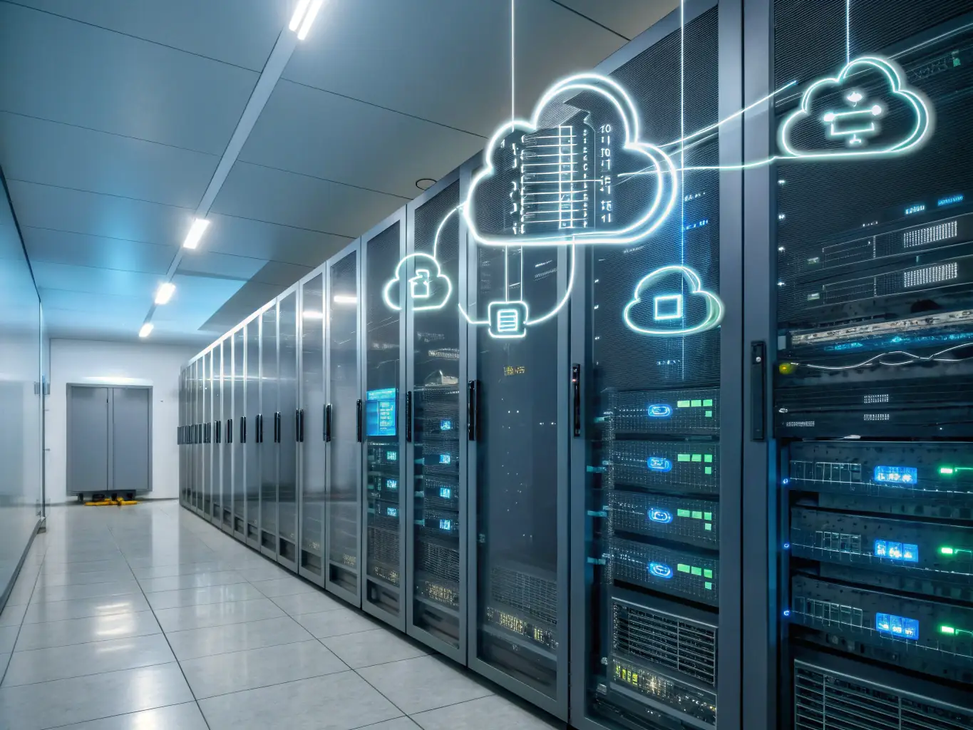 A modern data center with cloud icons representing AWS, Azure, and GCP connected by network lines, illustrating DreamSight's Cloud Technologies service.
