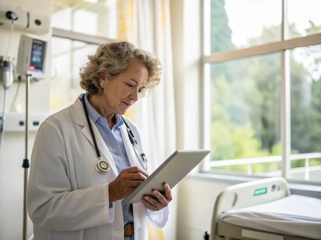 A doctor is analyzing predictive care data on a tablet in a hospital setting, illustrating DreamSight's healthcare solutions.